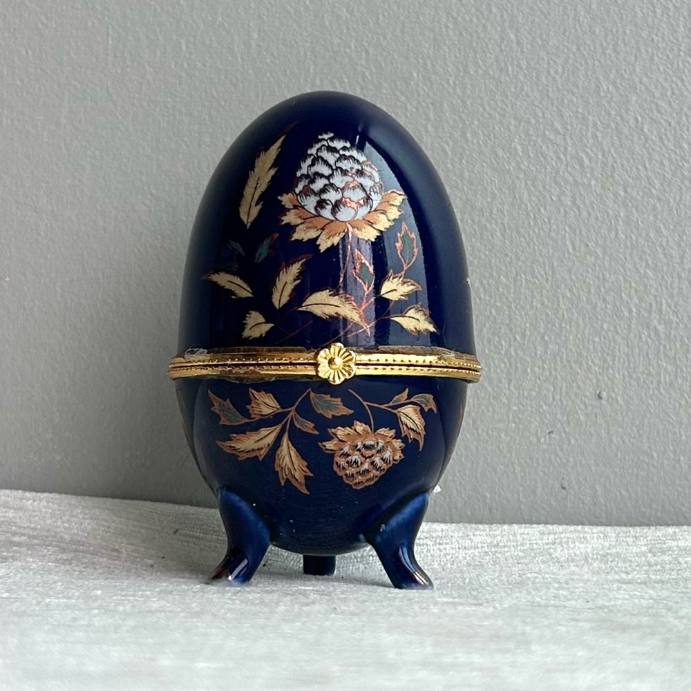 Navy Blue Porcelain Egg Trinket Box with Gold Floral Detailing